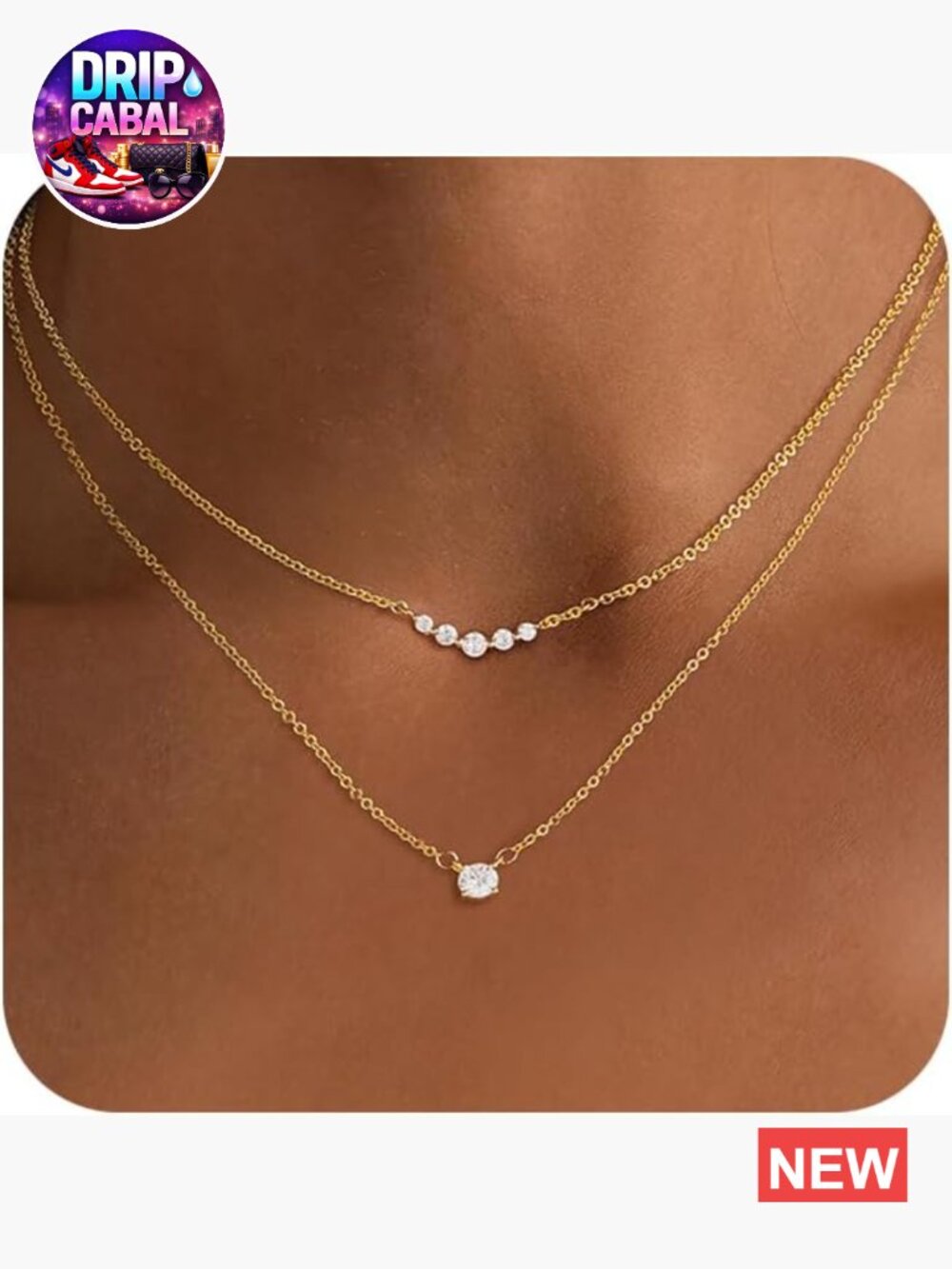 Dainty 14K Gold Plated CZ Layering Necklace Set - Double Pendant Cable Chain